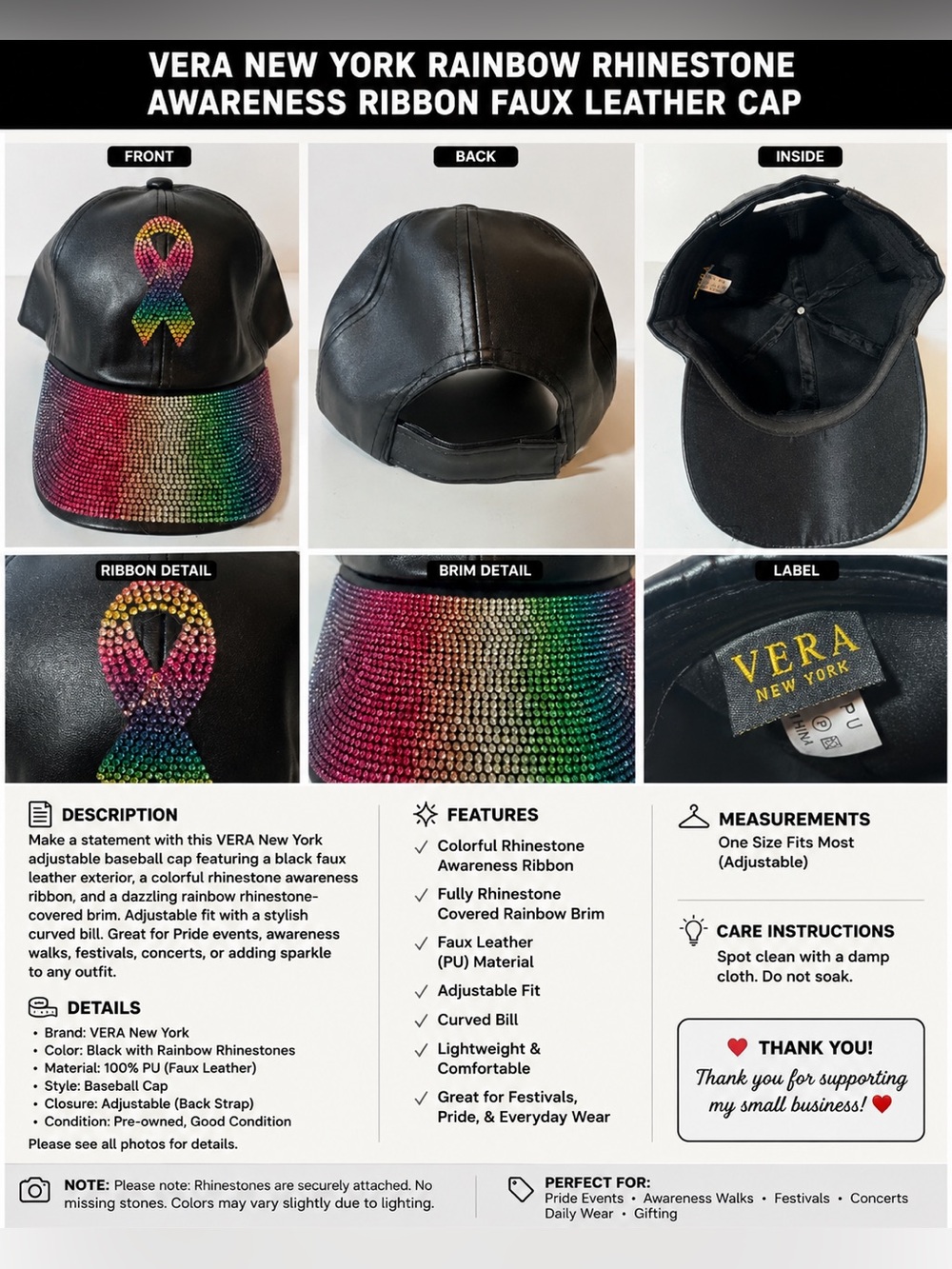 VERA New York Rainbow Rhinestone Awareness Ribbon Faux Leather Hat Black